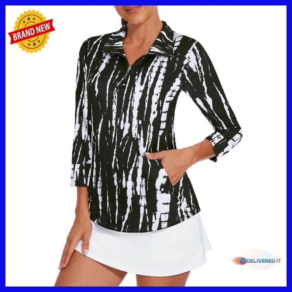Women's Quick-Dry 3/4 Sleeve Quarter Zip Polo with Pockets